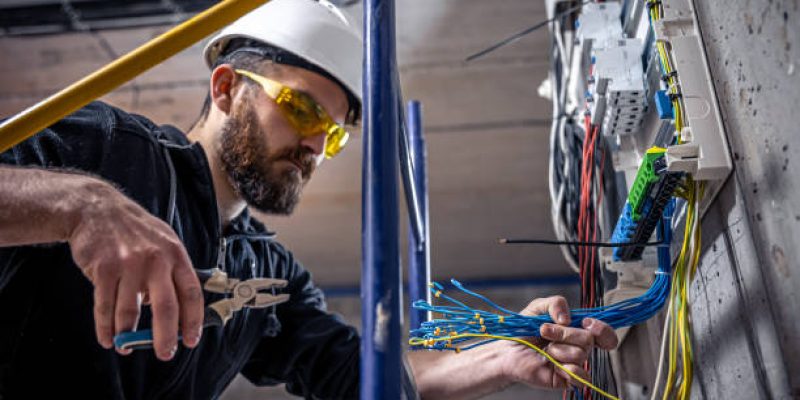 A male electrician works in a switchboard with an electrical connecting cable, connects the equipment with tools.